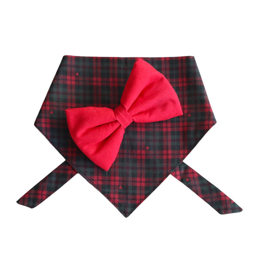 Festive Red Plaid with Cute Hearts Combo - Bow Tie & Bandana