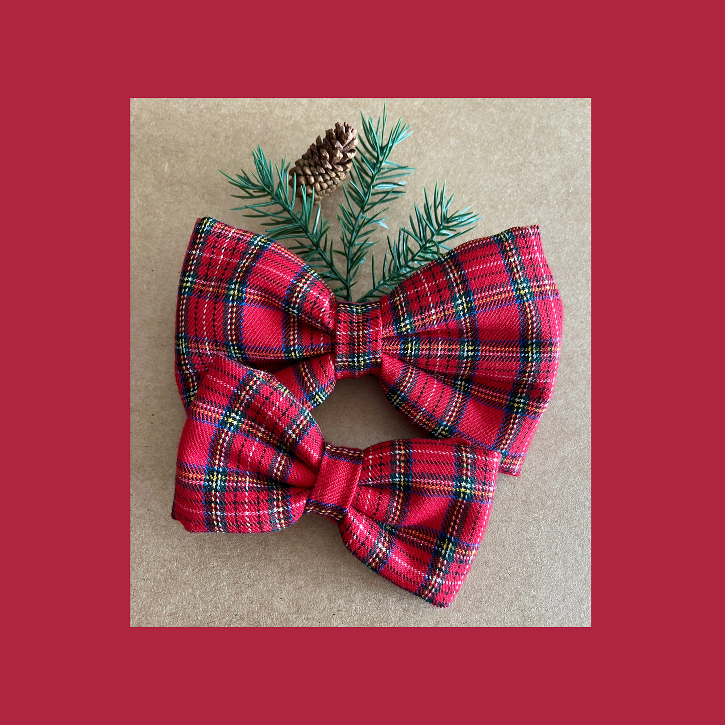 Festive Red Tartan Plaid Dog Collar Bow Tie